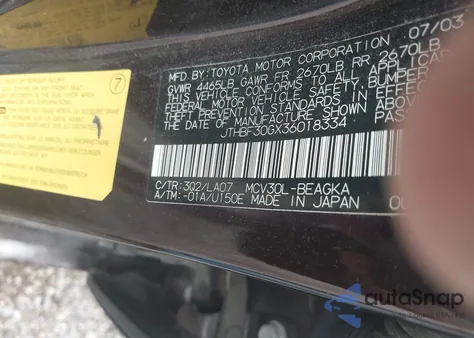 2003 Lexus Es 300 z USA, uszkodzony, nr VIN JTHBF30GX36018334